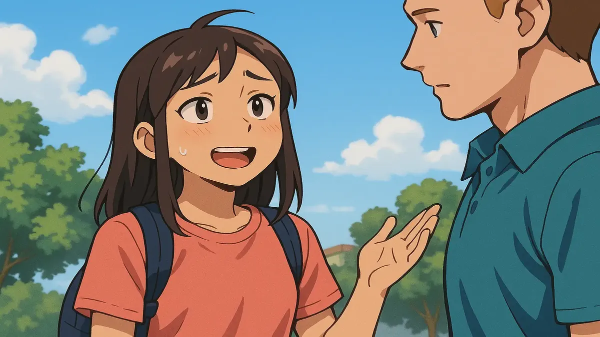Anime illustration of a bilingual person navigating Spanish and English conversations, showcasing cultural identity.
