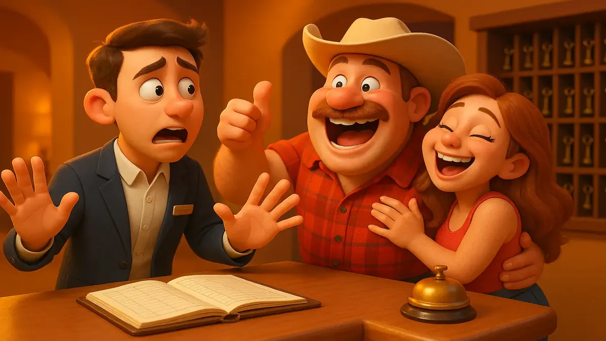 Cartoon-3D illustration of a bustling hotel lobby during a wild night audit shift after a country concert.