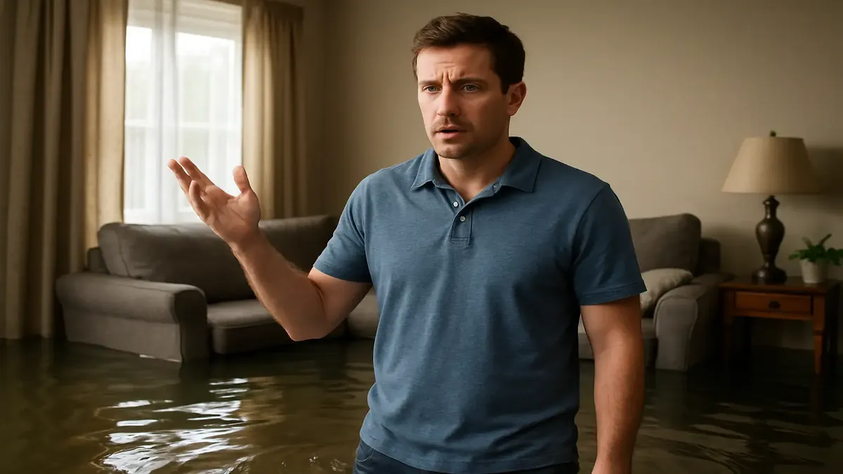 A photorealistic image of a street flooded after heavy rain, showcasing stormy skies and puddles.