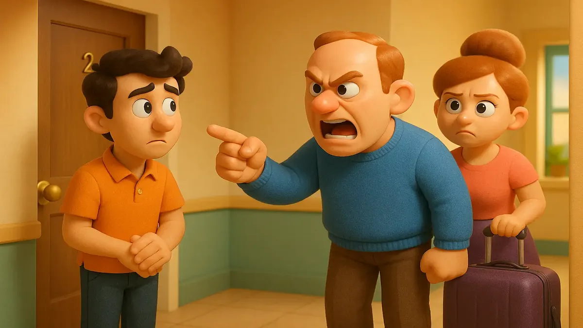 Cartoon-3D scene of a guesthouse, depicting a couple complaining at the front desk about cleanliness issues.