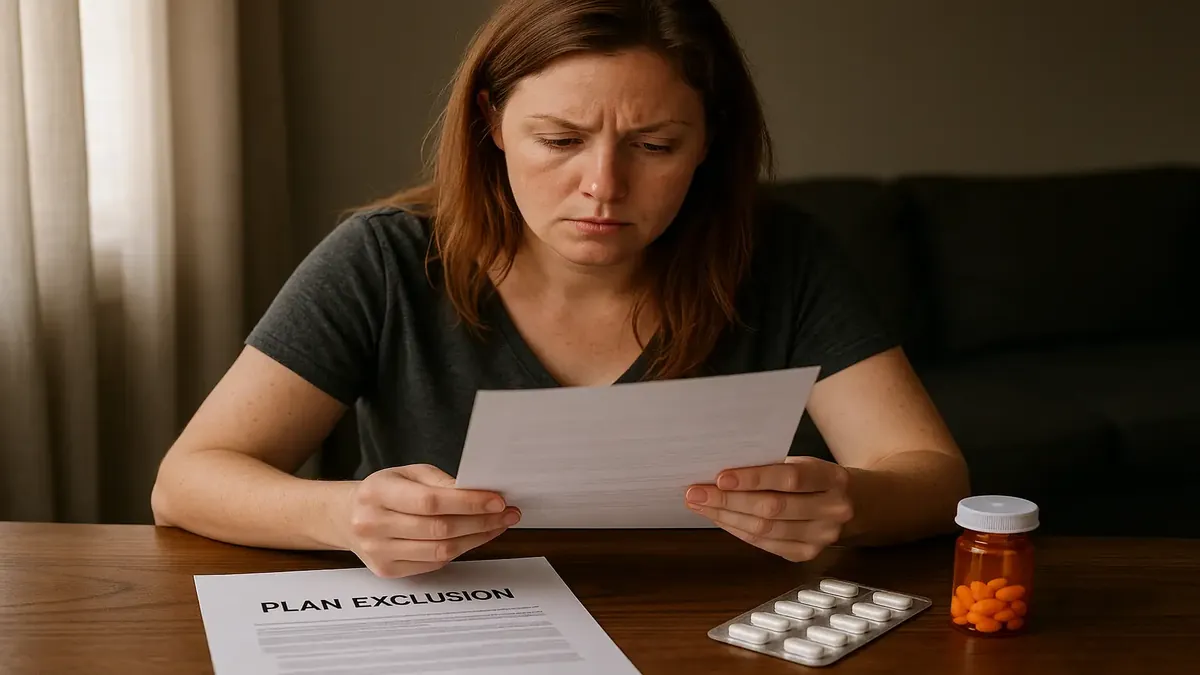 Prescription medication bottle on a pharmacy counter, symbolizing insurance claims and healthcare decisions.