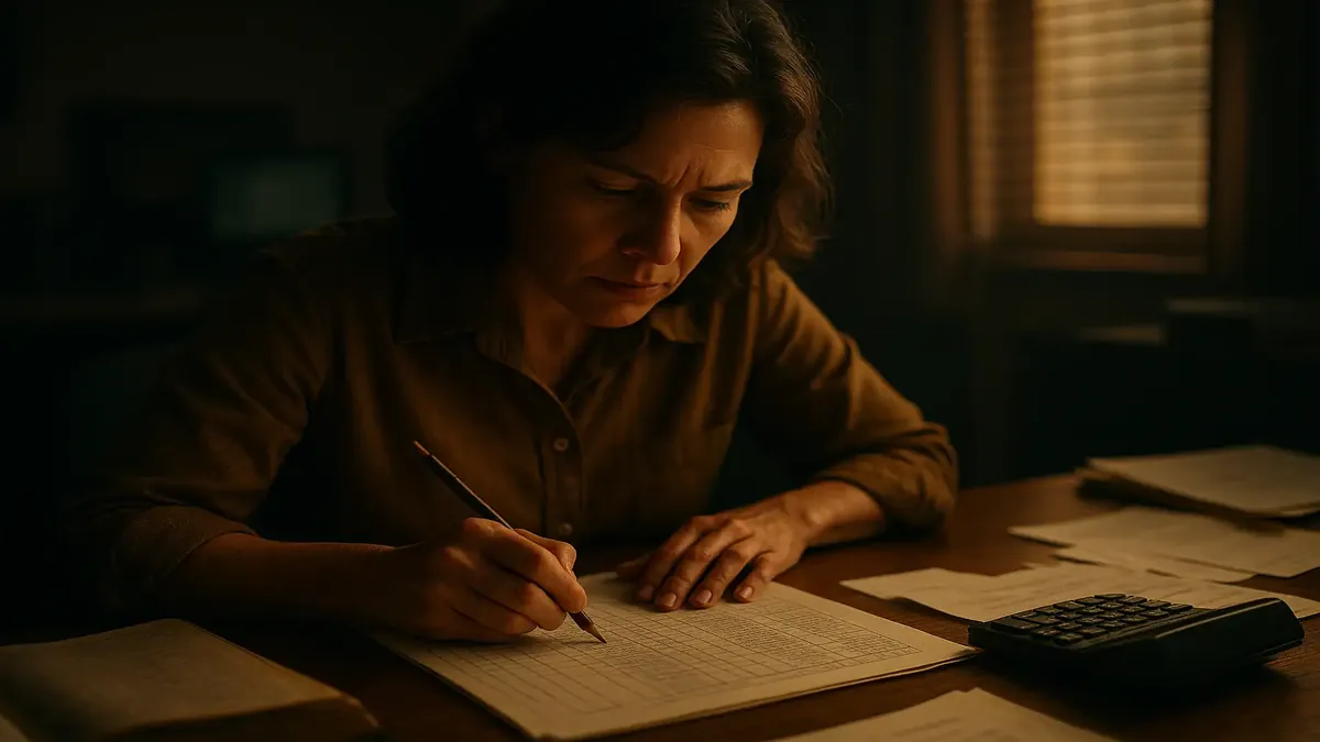 A woman focused on recalculating formulas in Excel, surrounded by stacks of papers and a computer screen.