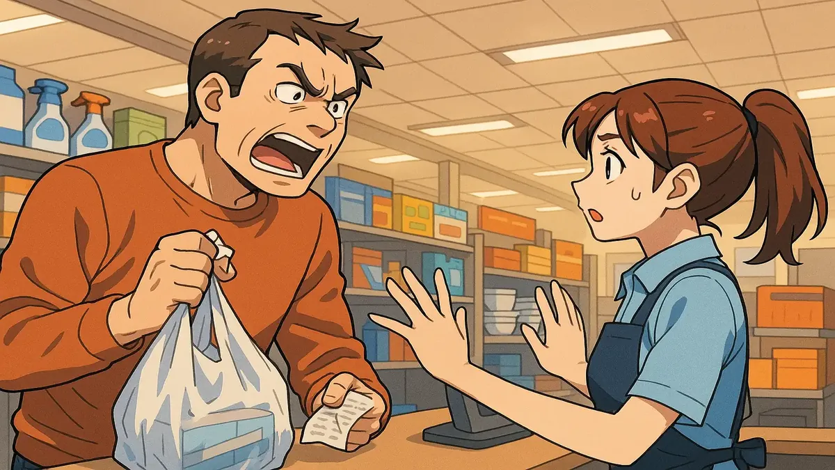 Frustrated customer at a retail store demanding a refund, illustrated in anime style.