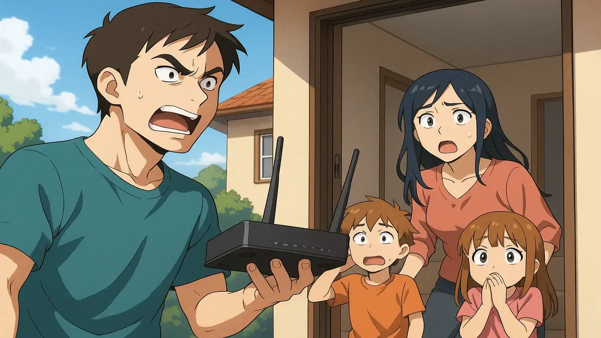 Anime illustration of a man disconnecting internet cables, symbolizing a breakup and family dynamics.