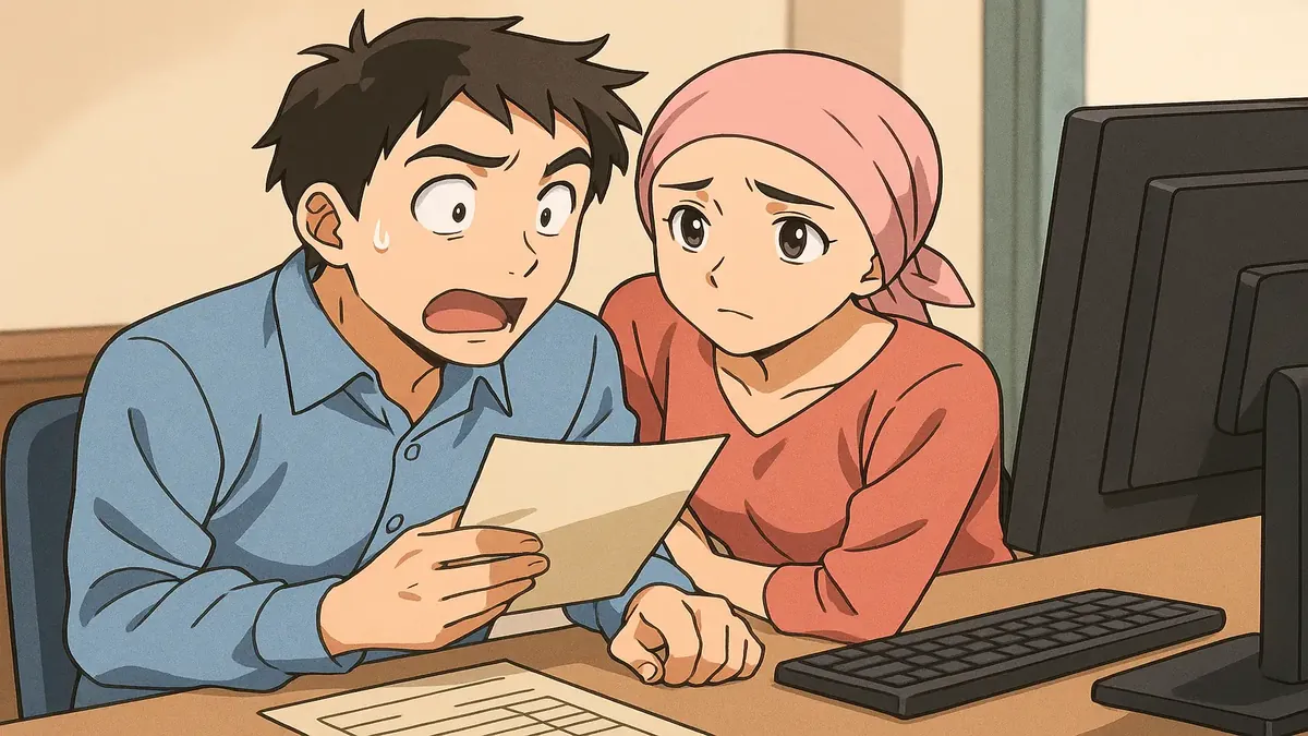 Anime illustration of a worried individual supporting their spouse battling cancer, highlighting their dedication and care.