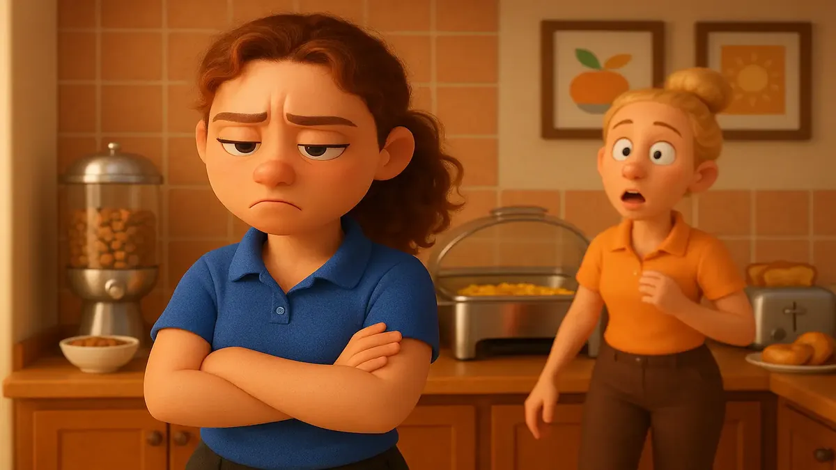 Cartoon-3D illustration of a frustrated breakfast attendant juggling two jobs in a hotel setting.