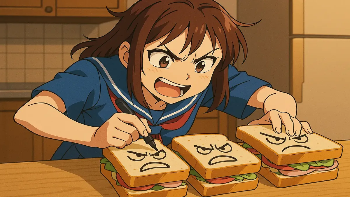 Anime illustration of a father and child sharing a sandwich, symbolizing complex family dynamics and emotions.