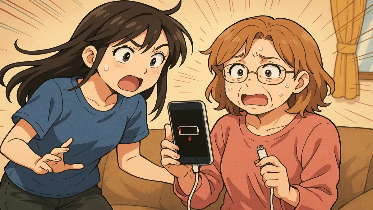 Anime-style illustration of a concerned daughter with her mom's old iPhone 8+ struggling to charge.