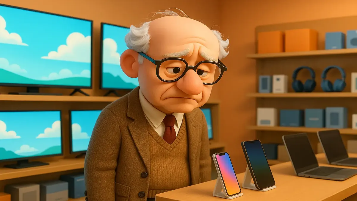 Cartoon-3D illustration of a lonely man in an electronics store, reflecting on life and customer experiences.