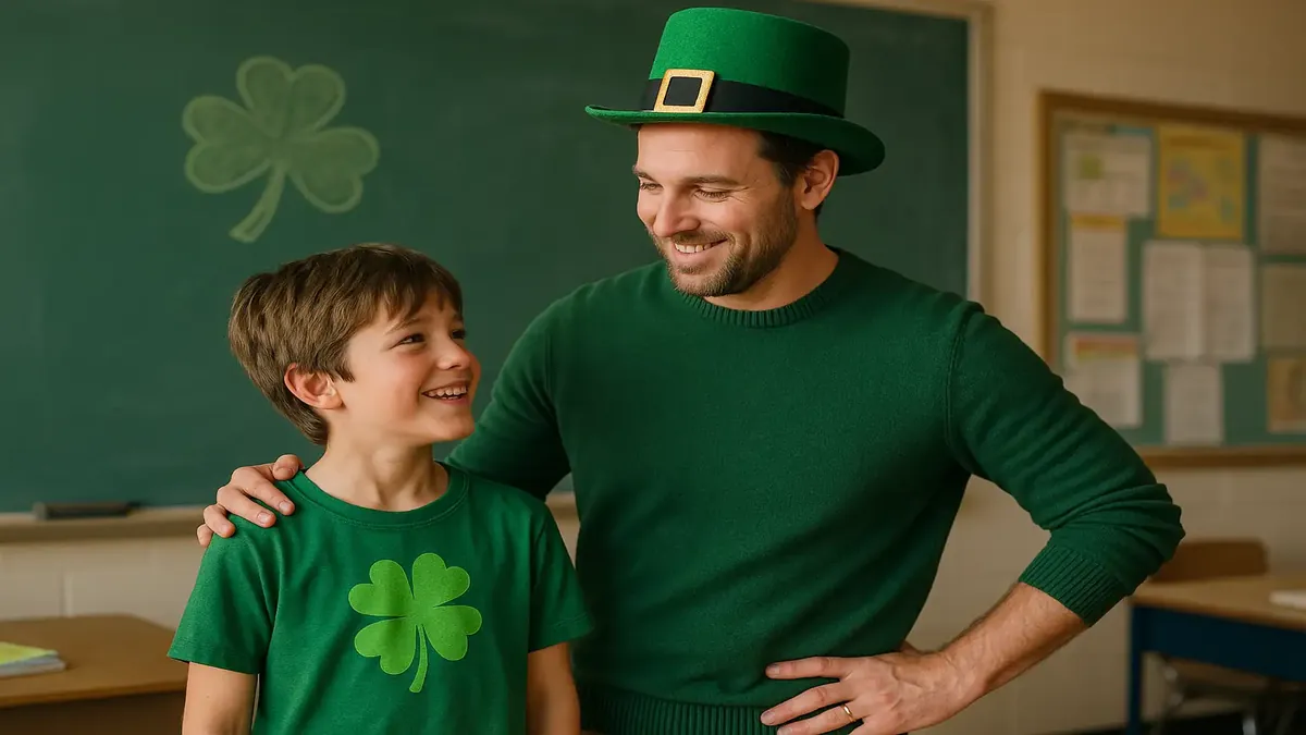 Teacher wearing festive green attire in a classroom setting for St. Patrick's Day celebrations.