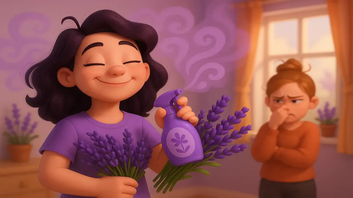 Cartoon-3D illustration of lavender flowers, symbolizing revenge on a former roommate through scent.