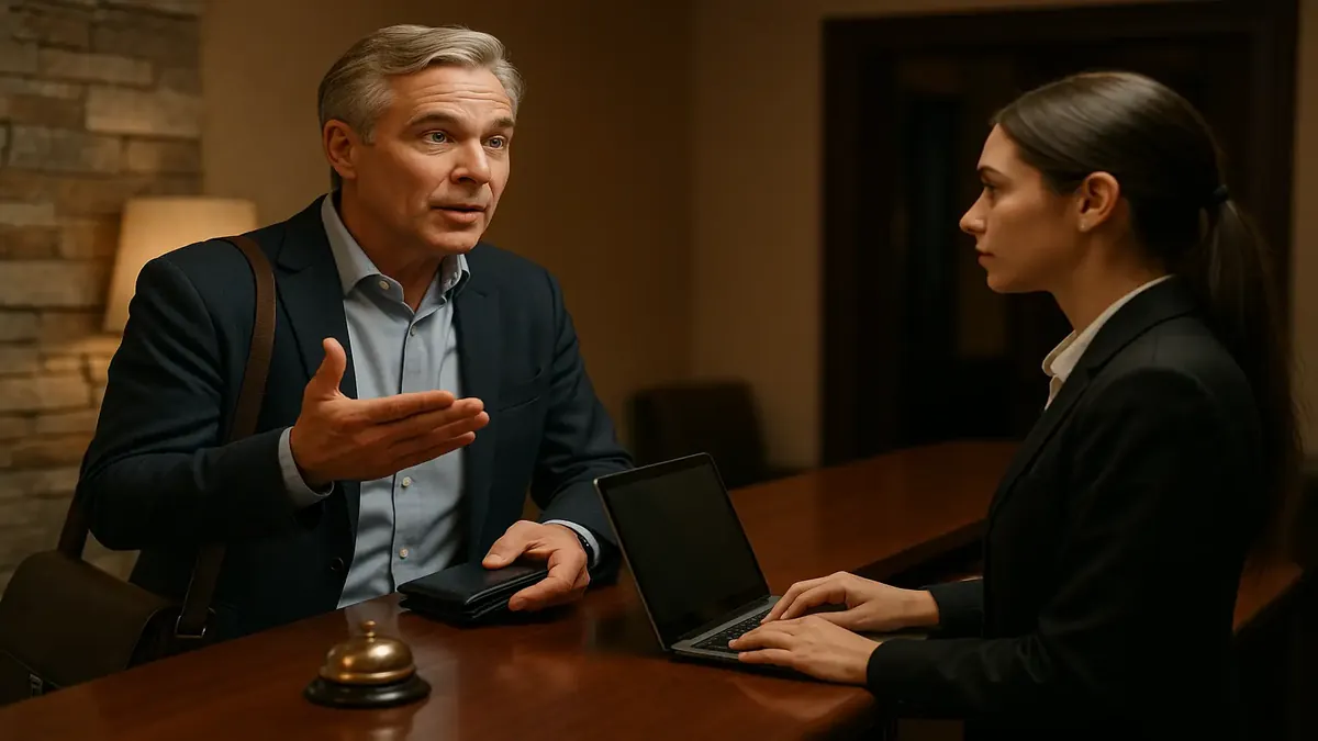 Hotel front desk with a guest trying to check in without payment, highlighting payment policy frustrations.