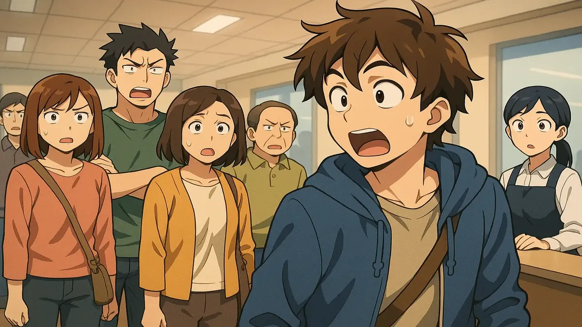 Anime illustration of a surprised customer walking past a queue of five people at a register.