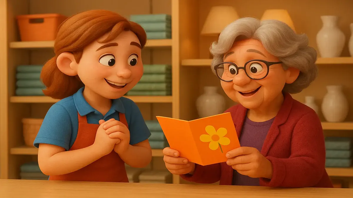 Cartoon-3D illustration of a heartfelt goodbye card in a cozy home goods store setting.