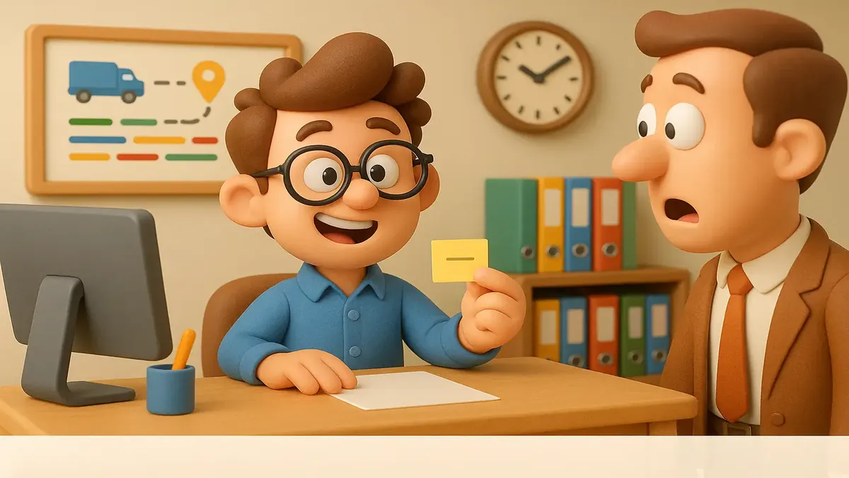 Cartoon-3D image of a logistics coordinator writing a short report with shipping details and charts.