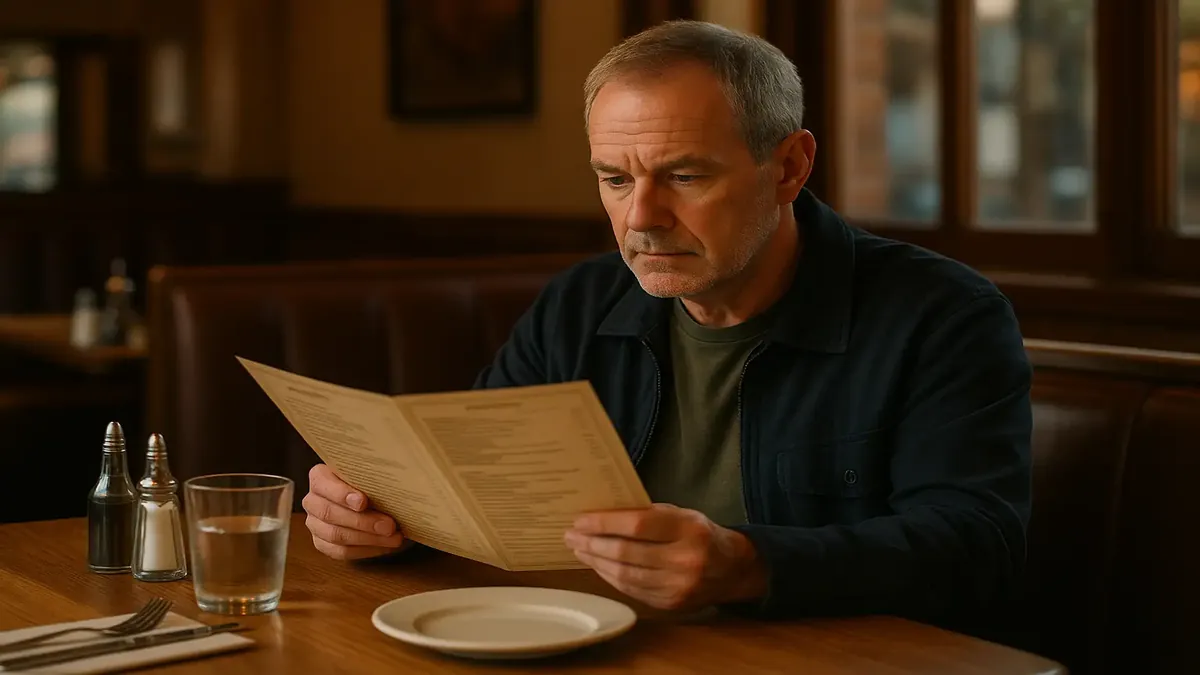 A photorealistic image of a diner table set for two with a menu, showcasing a delicious meal and a drink.