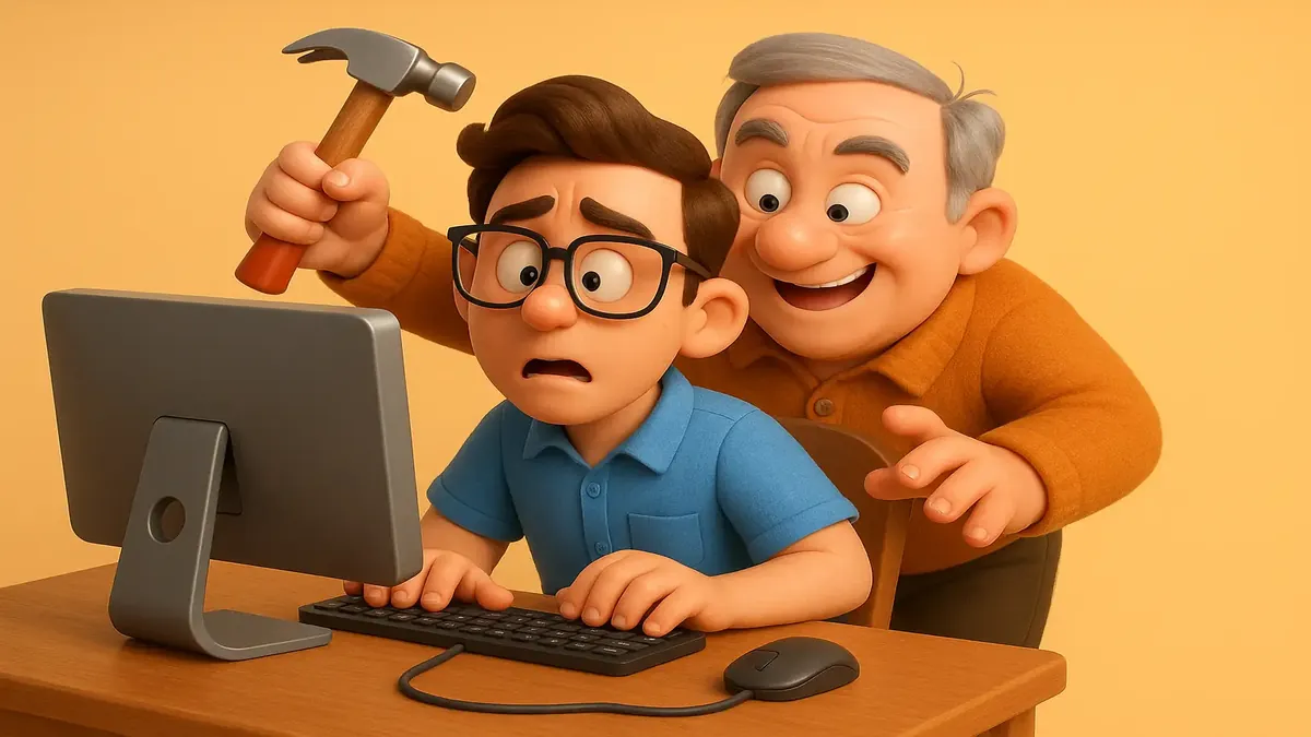 Cartoon-3D illustration of a tech support worker troubleshooting hardware and software issues.