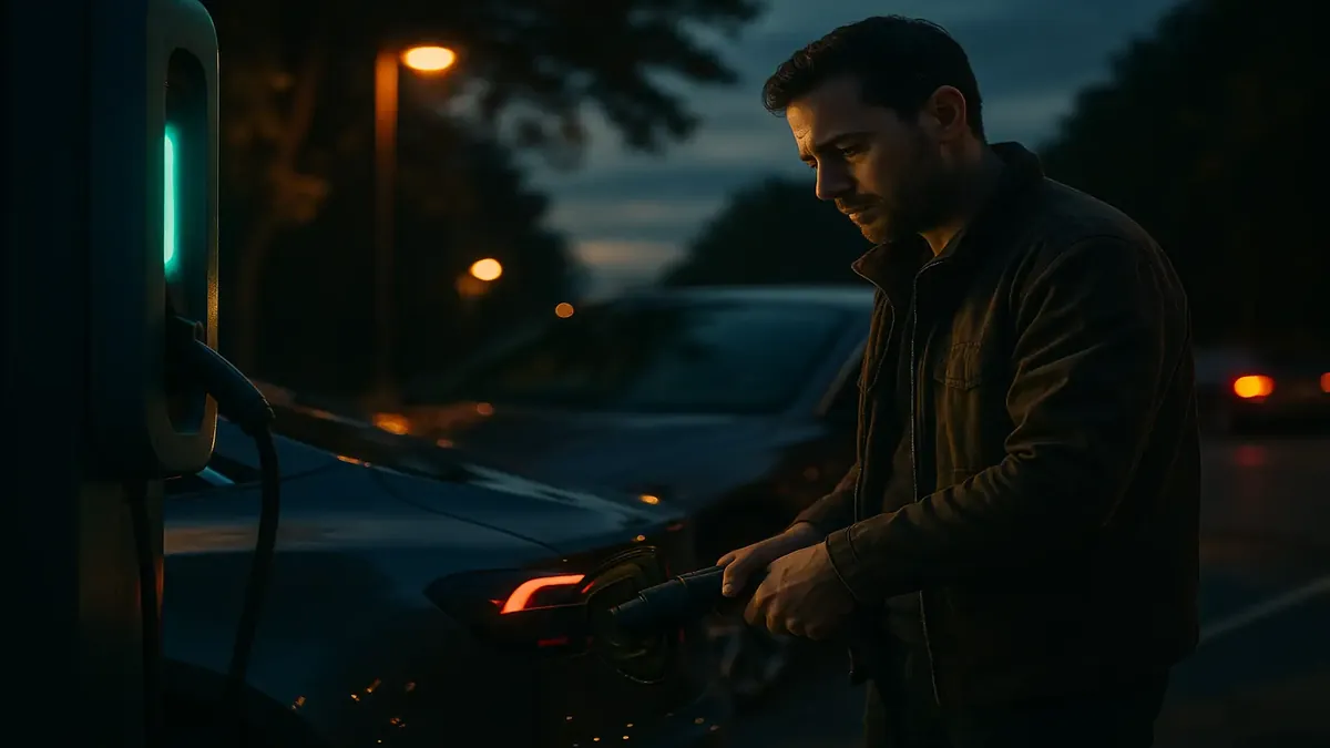 Cinematic view of an electric vehicle charging station with EV cars, highlighting sustainable transportation options.