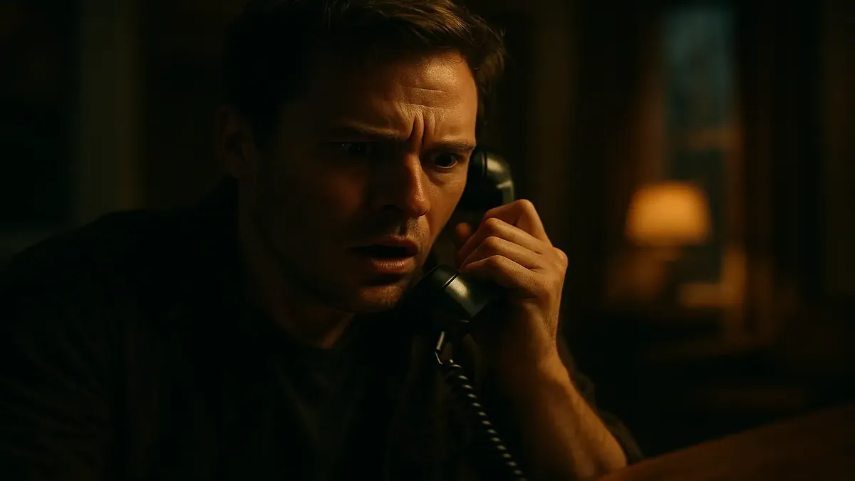 Hilarious phone call about hacked phone systems, showing a cinematic scene of confusion and laughter.