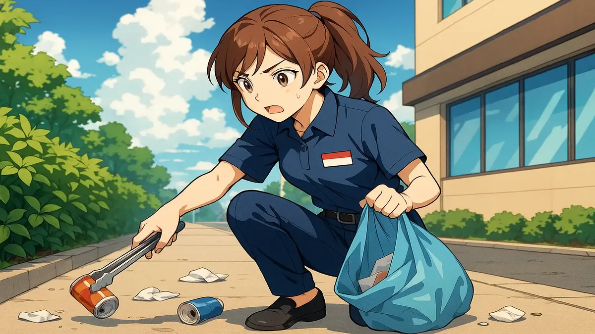 Anime-style illustration of a dedicated staff member managing a property alone during a busy shift.