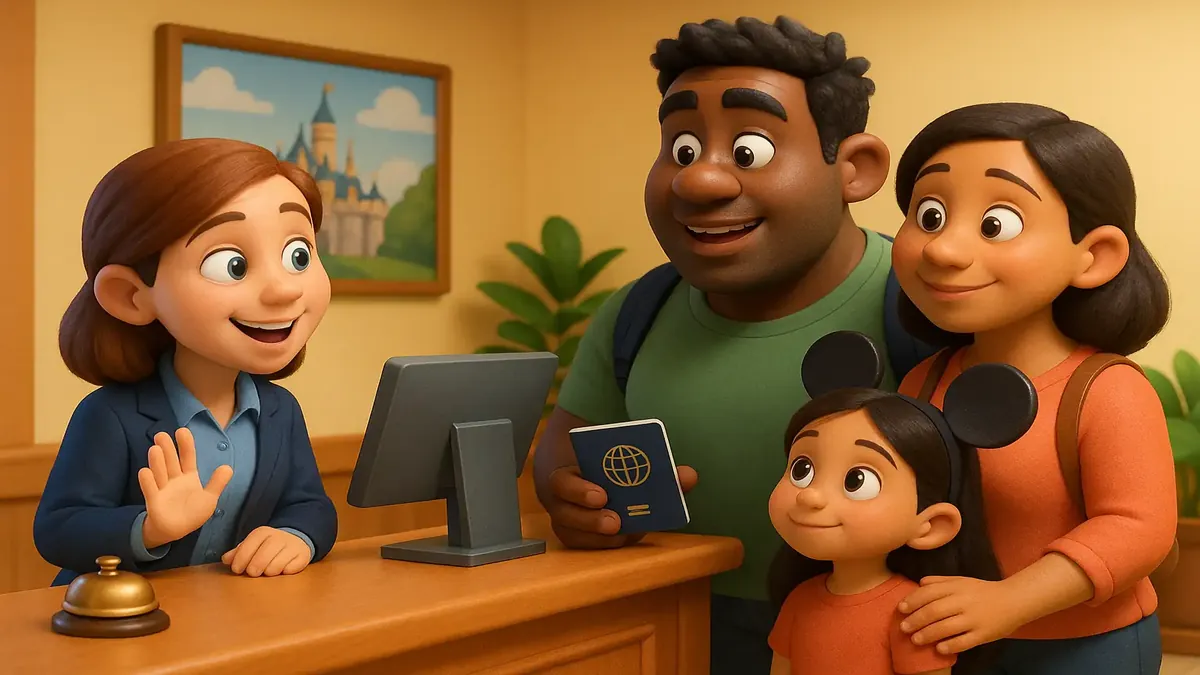 Cartoon-3D illustration of a busy hotel front desk welcoming international guests.