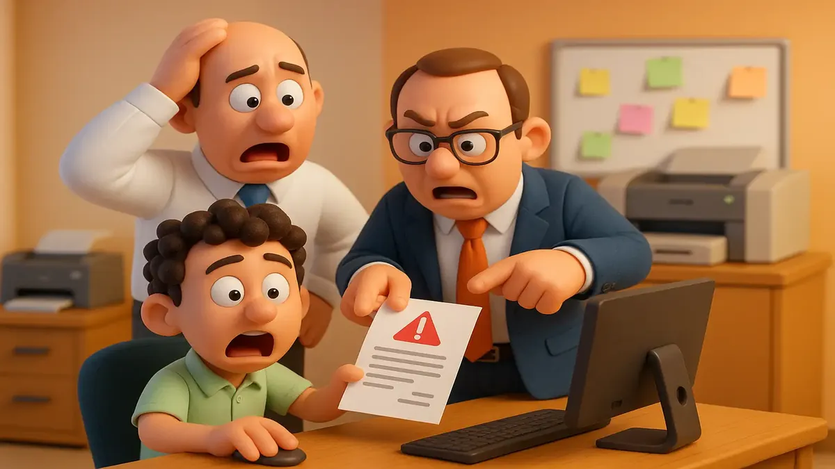 Cartoon-3D illustration of urgent IT ticket escalation for printer service issues in a corporate setting.