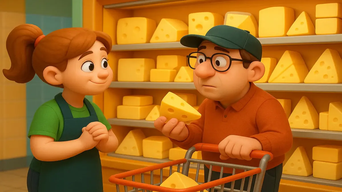 Cartoon-style illustration of a man browsing a cheese display in a grocery store, conveying curiosity and routine.