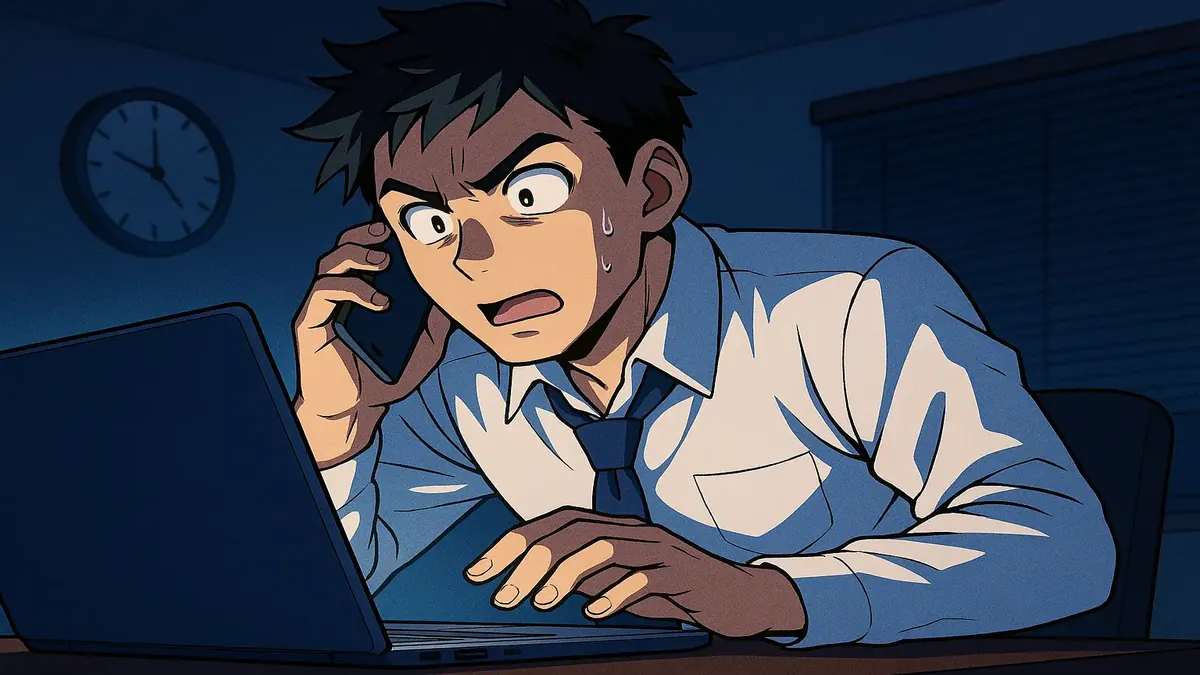 Anime illustration of a frustrated employee responding to late-night work emails, showcasing a humorous workplace scenario.