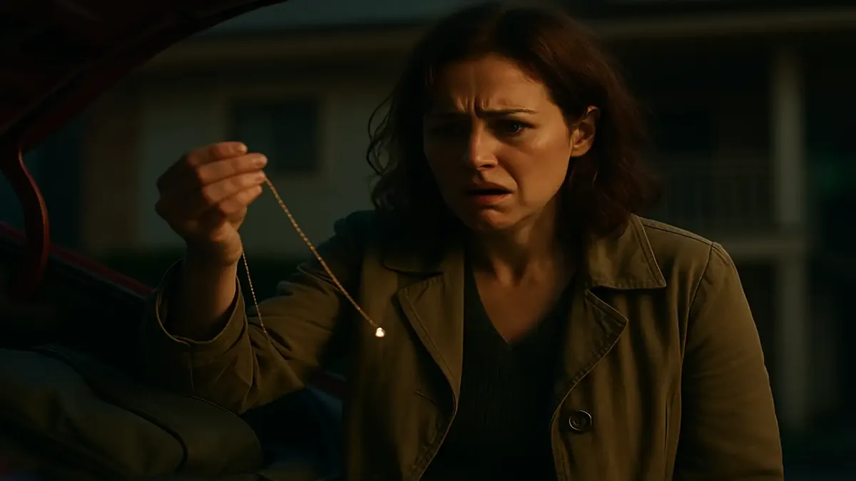 Woman in a cinematic scene searching for a lost necklace in a car after packing for a trip.