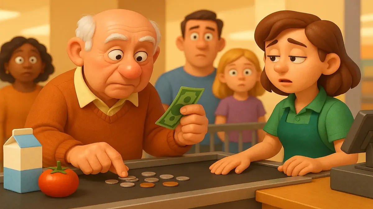 Cartoon illustration of a man counting coins at a store checkout, conveying a humorous shopping experience.