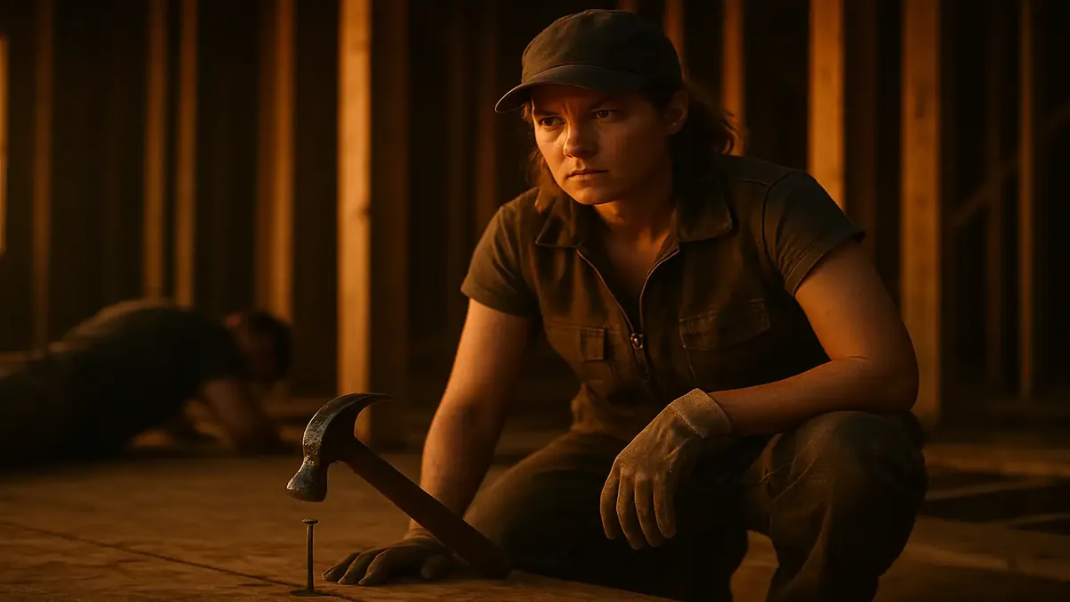 A woman in construction nailing a tool to the floor on a job site, showcasing strength and determination in a male-dominated field.