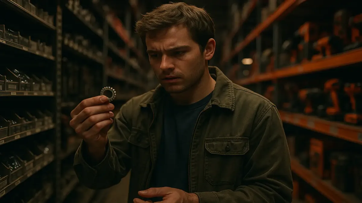 A busy hardware store aisle filled with fasteners and tools, capturing a moment of customer interaction.