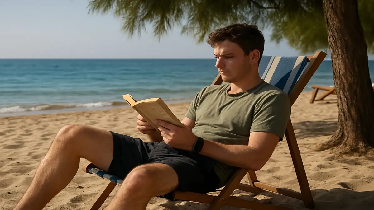 A beach scene with trees providing shade and deck chairs for relaxing while reading a book by the ocean.
