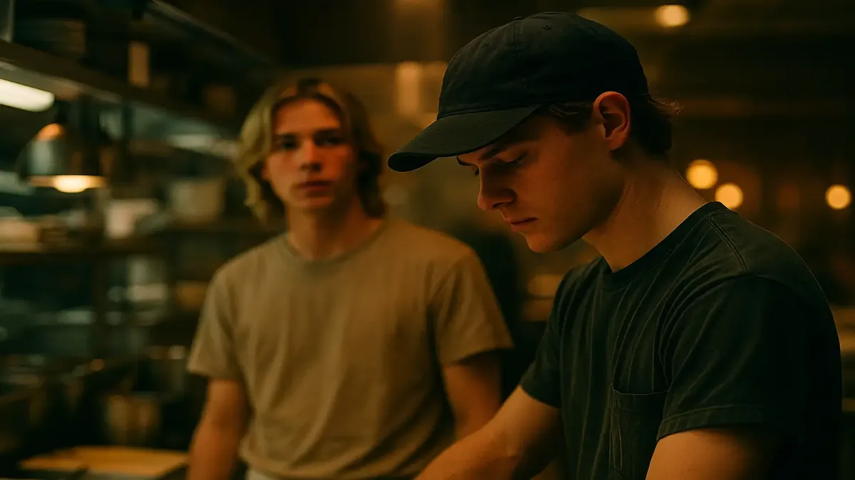 Teen cooks in a restaurant kitchen wearing ball caps, with one newcomer showing off long blonde hair.