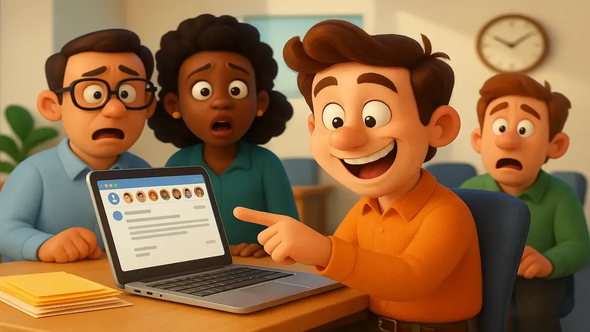 Cartoon illustration of an office worker overwhelmed by copying everyone on emails under a new communication policy.