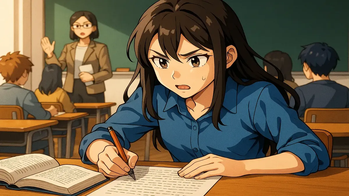 Anime illustration of a university student rewriting quotes and citations in a notebook, showcasing originality in writing.
