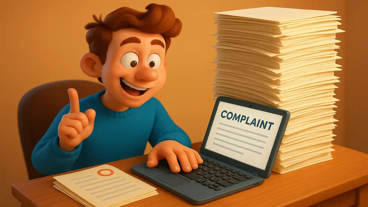Cartoon 3D illustration of a frustrated student submitting multiple complaints online to their university.