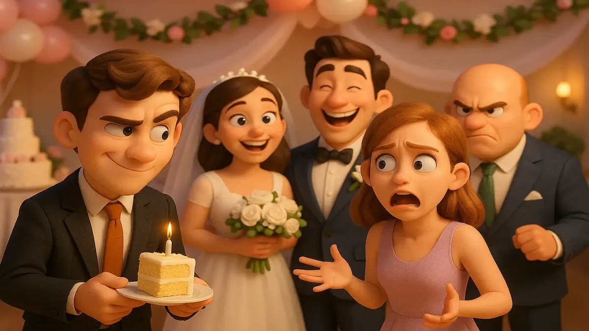 Cartoon-3D illustration of a groomsman watching his ex with the best man at a wedding, capturing tension and rivalry.