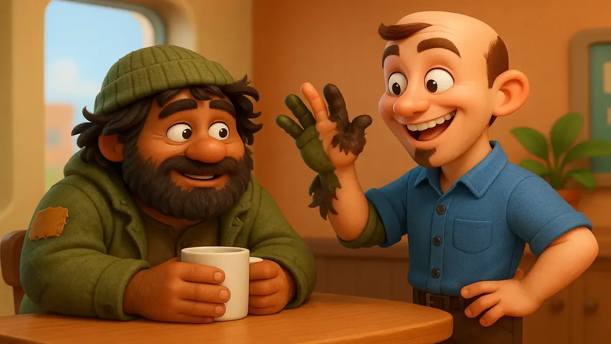 Cartoon-3D illustration of a shapeshifter encountering a homeless man, reflecting a complex emotional journey.