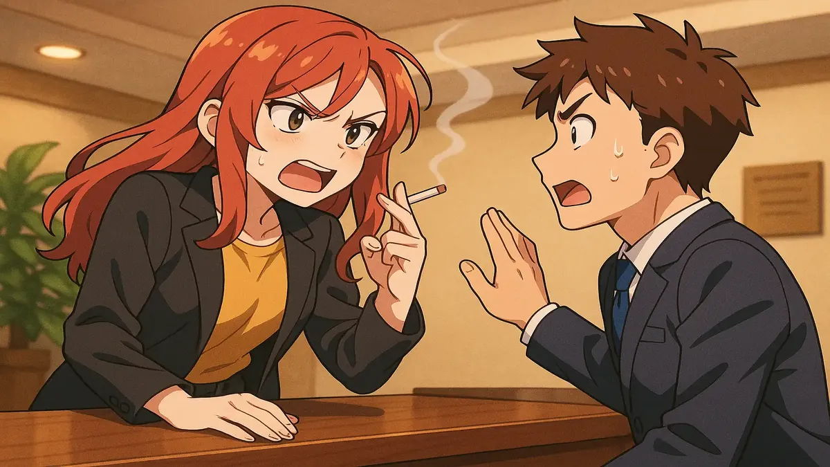 Anime illustration of a frustrated hotel guest disputing a smoking fee charge at check-in.