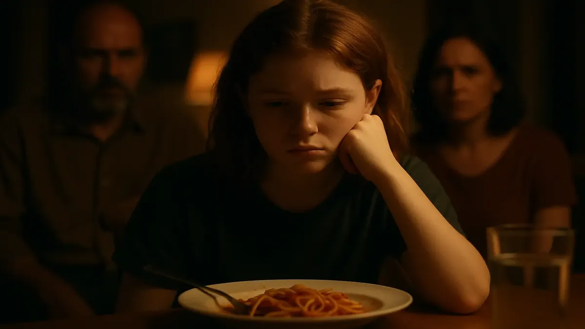 A cinematic scene of a young person contemplating food choices amidst a chaotic family environment.