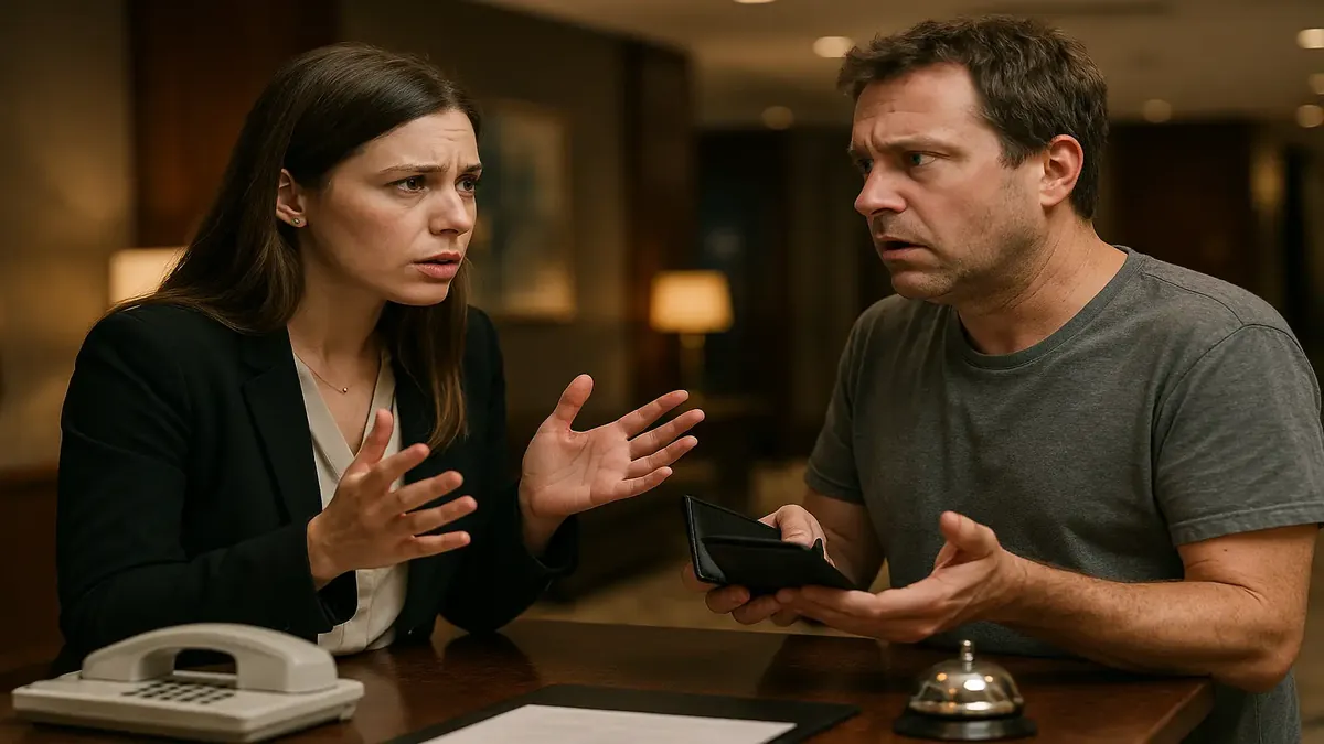Hotel front desk scene with a confused guest and a coworker explaining check-in policies.