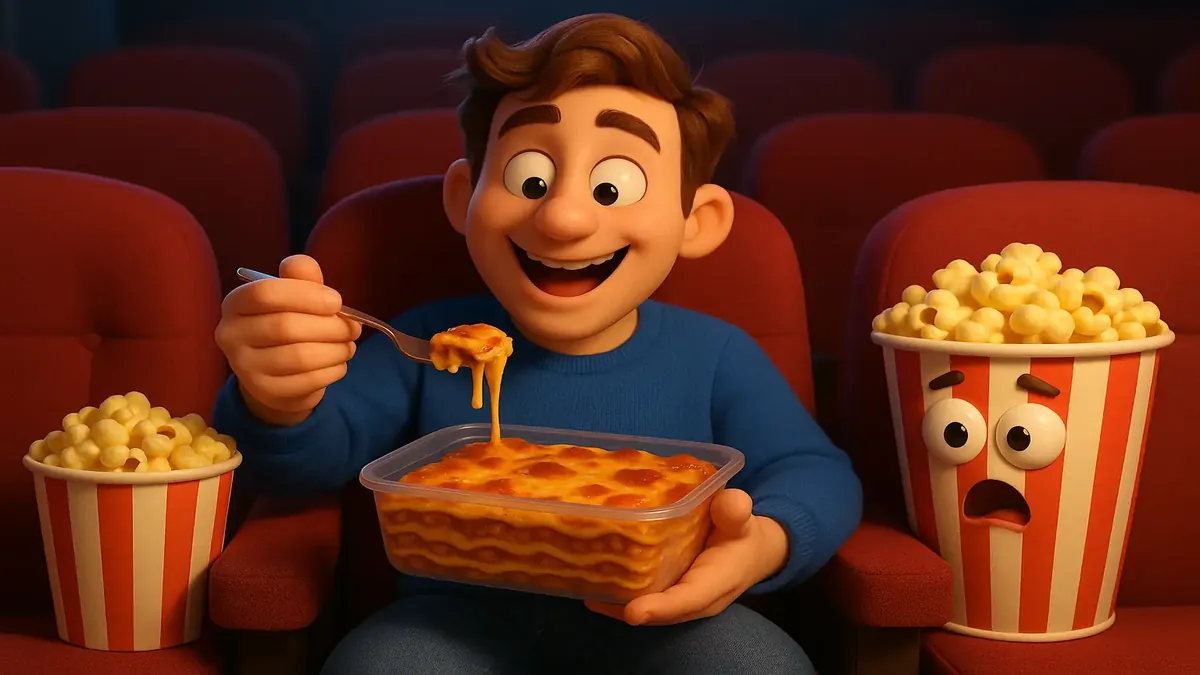Cartoon-style 3D illustration of a person enjoying reheated lasagne at the cinema with popcorn and a drink.