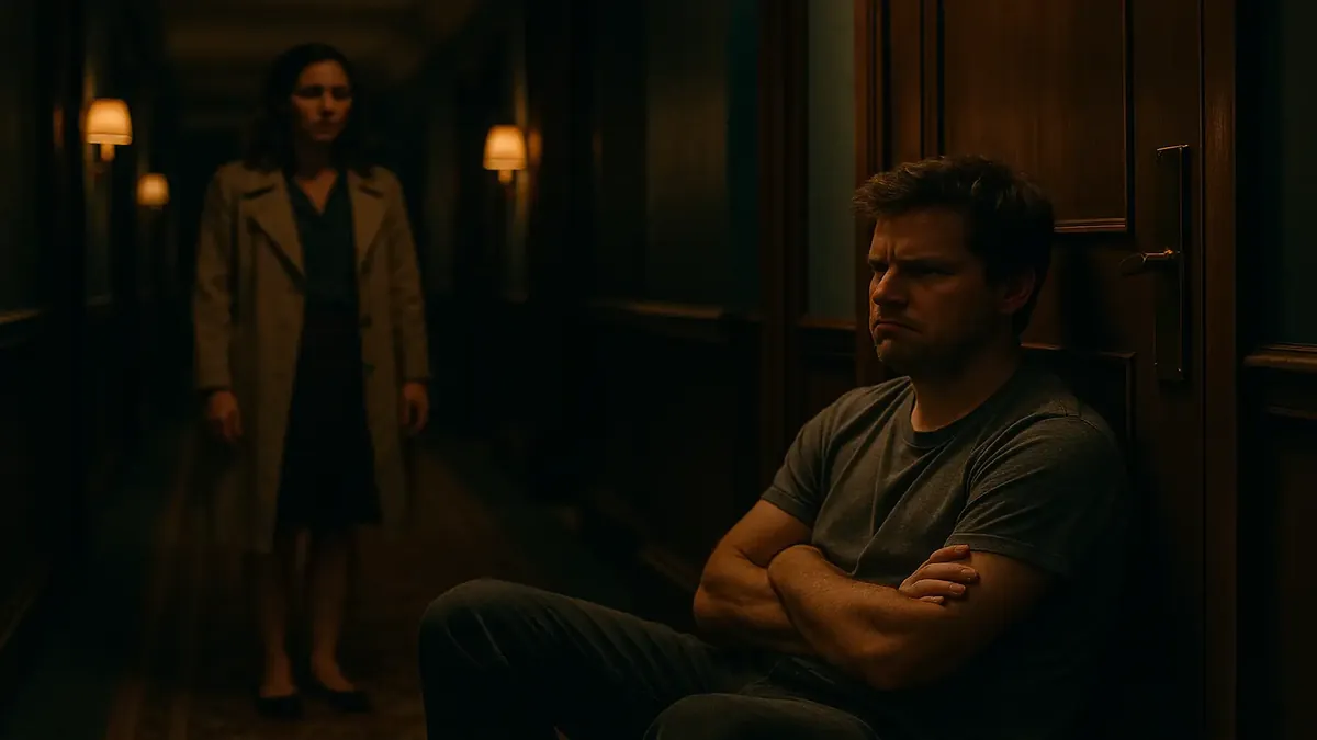 Husband displaying childish behavior during an argument, refusing to leave the living room in a cinematic setting.