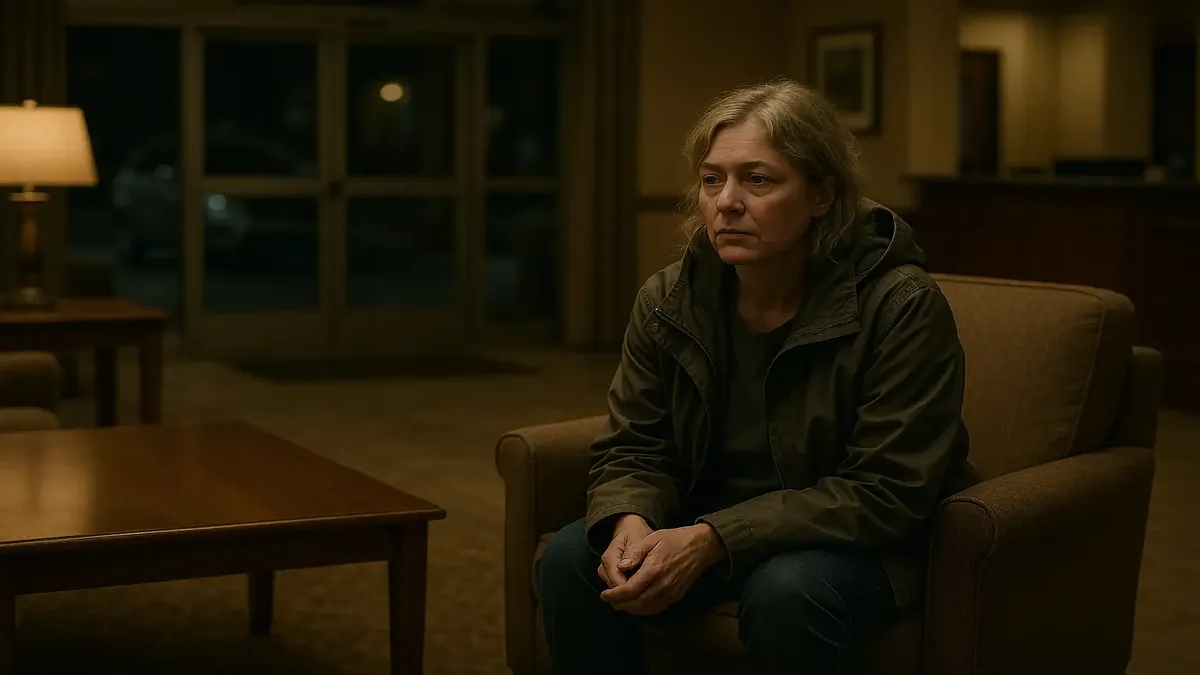 Woman in a hotel lobby asking to sit while her friend runs errands, cozy atmosphere, late night.