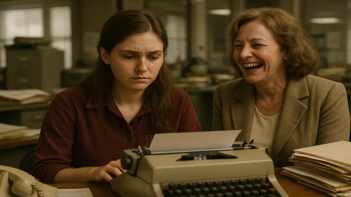 Young woman working at a newspaper office, laughing with colleagues over workload challenges.
