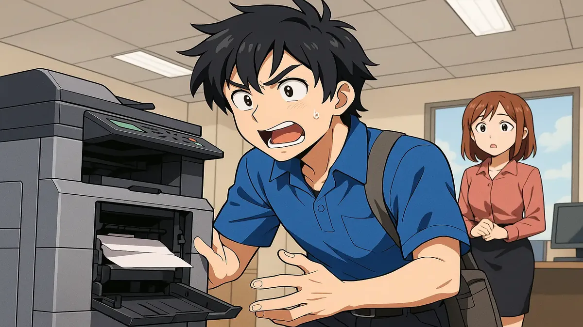 Anime-style illustration of a tech writer handling a printer issue, symbolizing tech support challenges.