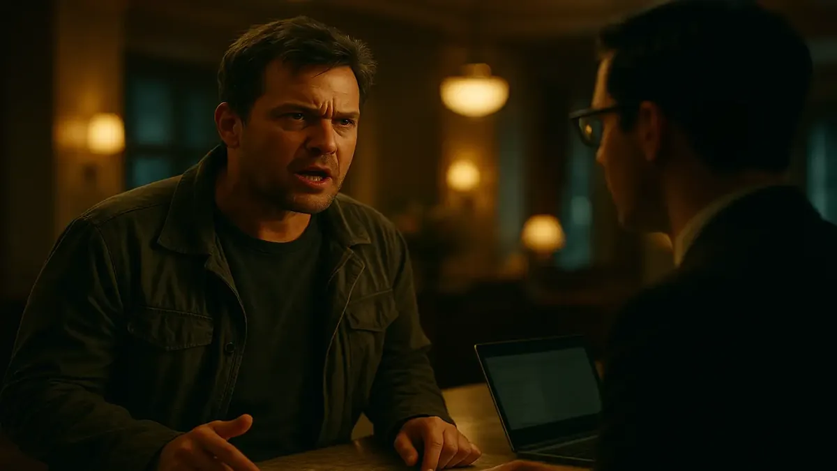 Frustrated guest checking in at hotel counter after booking through HexFedia, showcasing cinematic tension.