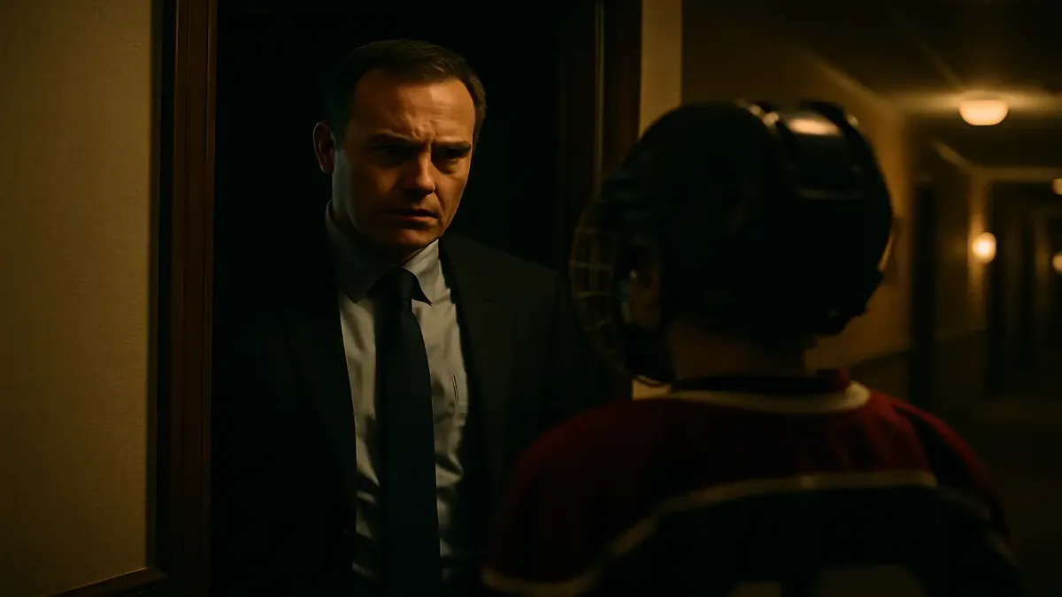 Cinematic image of a concerned manager facing a group of noisy hockey kids in a community setting.