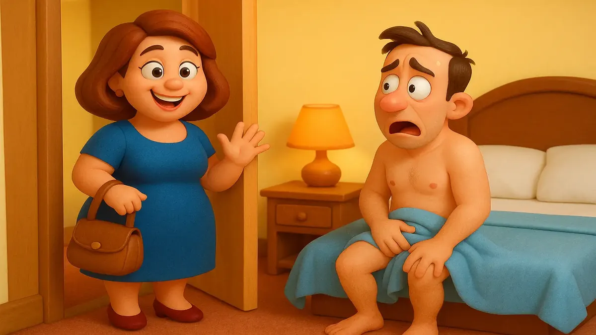 Cartoon illustration of a shocked husband standing naked in a hotel room after being left by his wife.